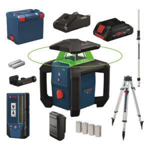Bosch Professional GRL 18V-3-31G zöld forgólézer 18 V-os akkumulátoros szintezőműszer állvánnyal, mérőléccel