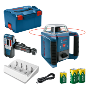 Bosch Professional GRL 400 H forgólézer LR 1 lézervevővel és L-BOXX tárolókofferrel, kültéri szintezési feladatokhoz.